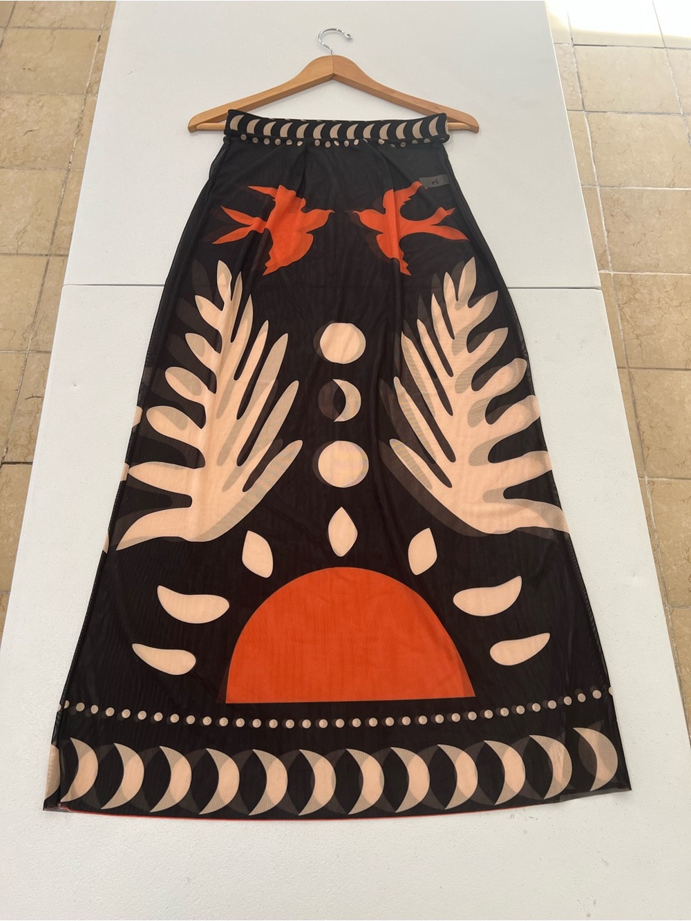 Commense Black Maxi transparent skirt Cream Graphic Bird Print Mesh Cover L - Picture 4 of 8